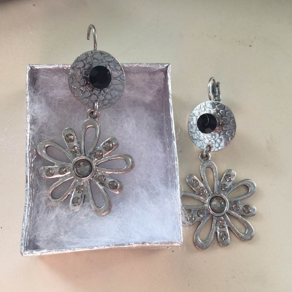 Silver toned I pierced earrings with rhinestones